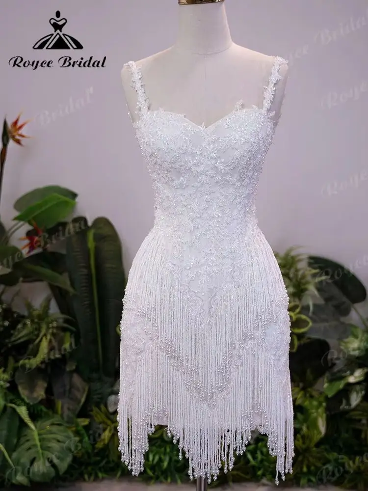 2027 Blumenspitzen-Mini-Hochzeitskleid mit Trägern, Sweetheart-Ausschnitt, Perlenfransen, Pailletten, figurbetont, tiefem Reißverschluss am Rücken, Brautkleid nach Maß