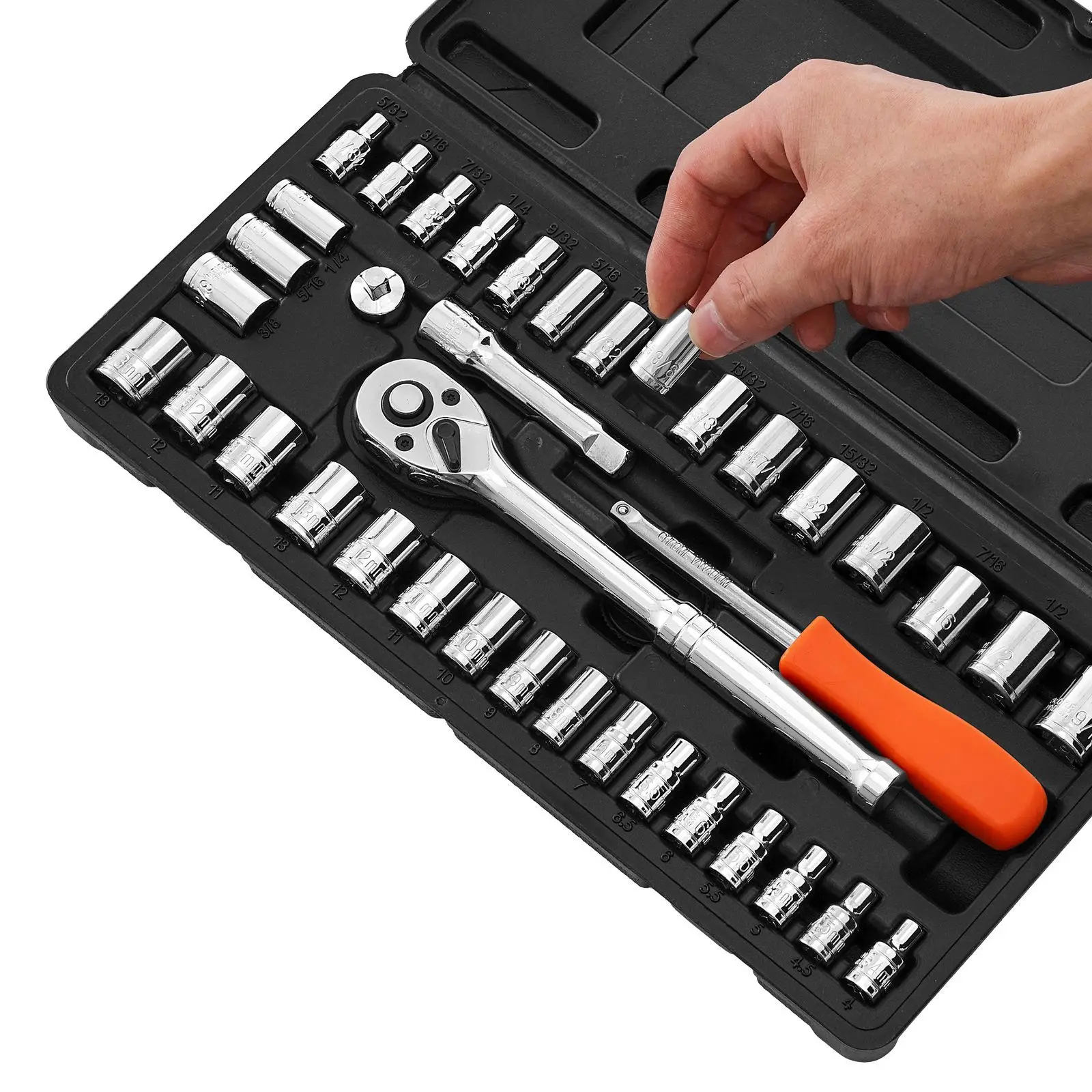 Socket Set, 39 Pieces, 3/8 & 1/4 inch Drive Socket and Ratchet Set, SAE and Metric Size, Mechanic Tool Kit with Ratchet Wrench, Accessories, Storage Case, CR-V Alloy Steel, for Automotive Repair view 2