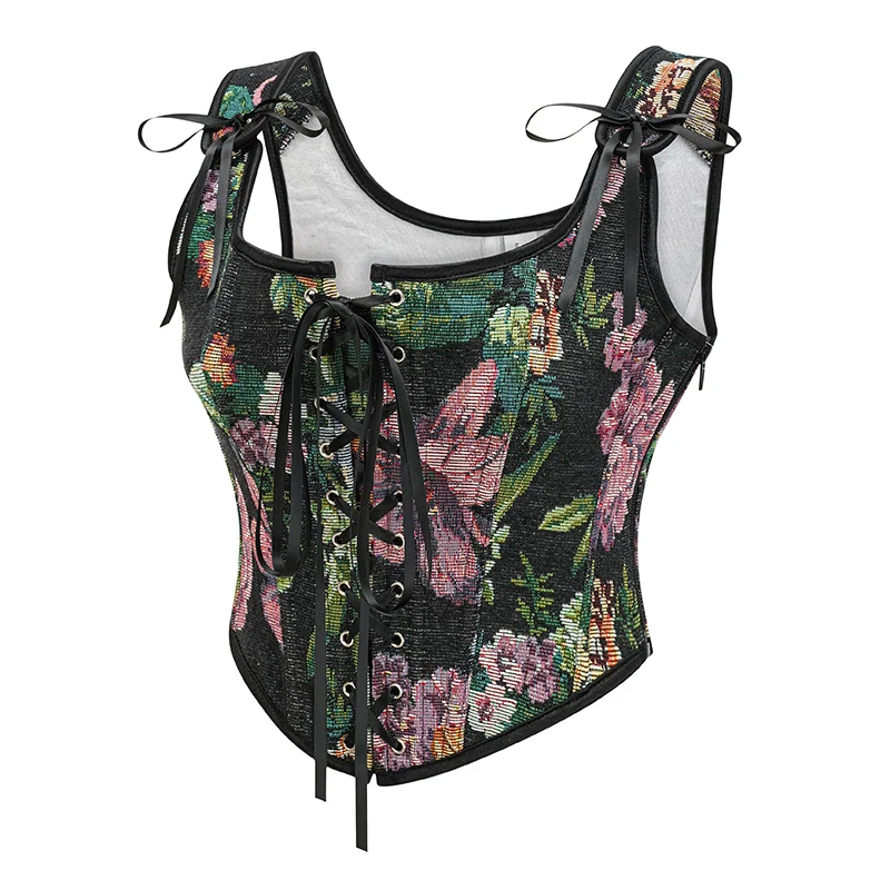 Purple Floral Printed Sexy Medieval Corset Women Renaissance Cropped Top y2k Camisole Steampunk Bustier Vintage Gothic Clothes