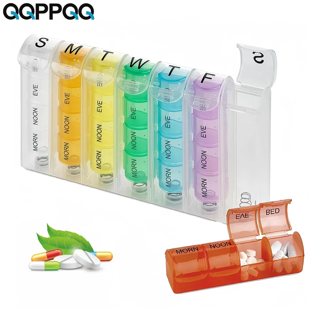 Weekly Pill Organizer, Four Times-a-Day Medication Reminder, Easy to Read Compartments Monday to Sunday for Travel & Purse