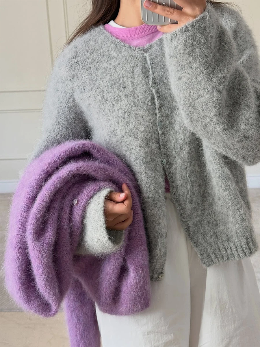 Women's Loose Knit Cardigan - Round Neck Long Sleeve Sweater