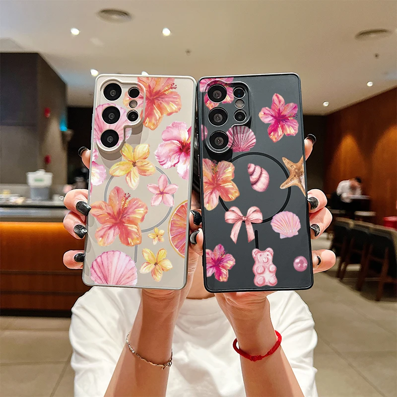 For Samsung Galaxy A57 A37 A 37 A17 A56 A26 5G Orange Flower Floral Pattern Phone Case For Magsafe Magnetic Matte PC Cover