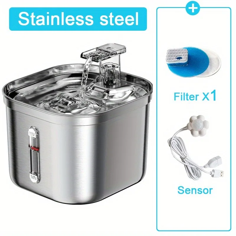 Stainless Steel Cat Fountain With Water Mark Automatic Cats Water Dispenser Sensor Filter Pet Cat Ultra Quiet Pump Water Foutain