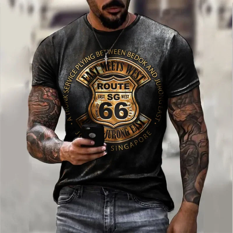 

Summer New Fashion Men's T-shirt Vintage Short Sleeve US Route 66 Letters 3D Printed Fashion O Neck T-shirt Oversized Top Men's