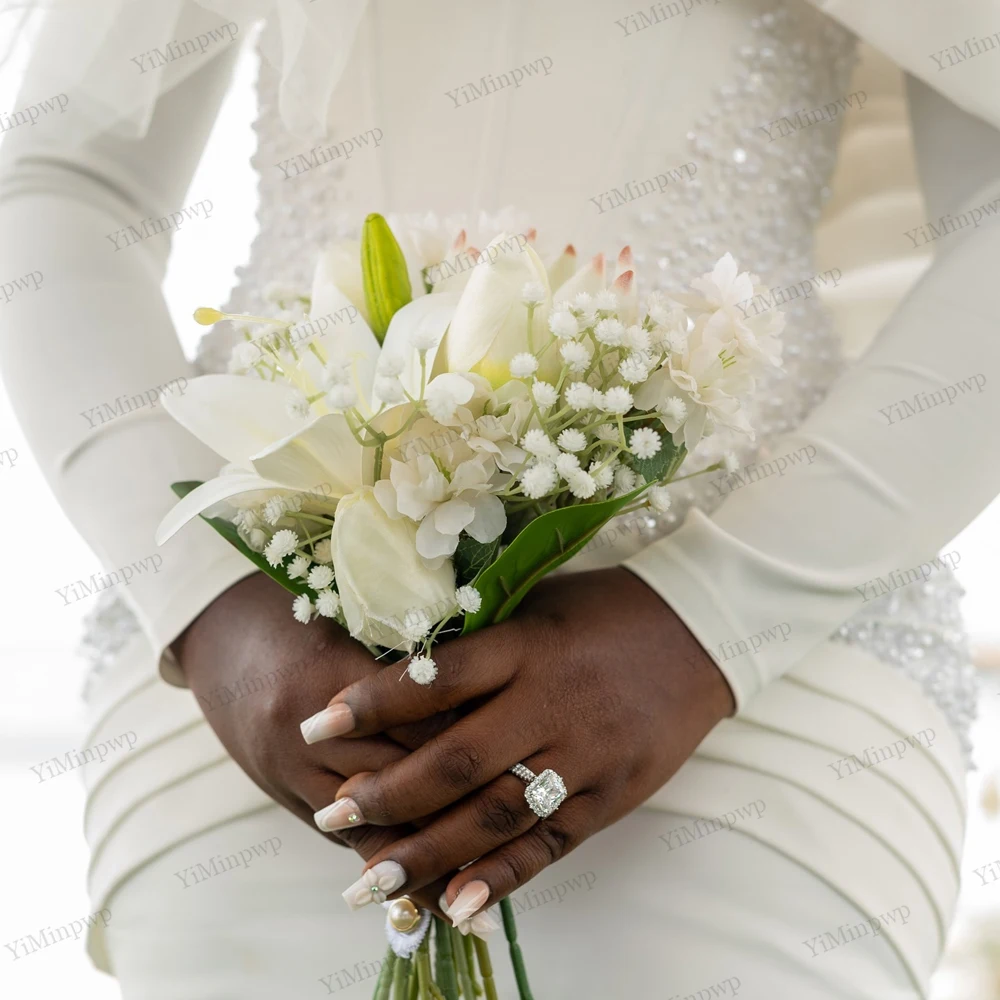 Civil White Wedding Dresses for Bride Sheer Neck Long Sleeves Tea Length Pearls Corset Nigeria Court Bridal Gown Customized image 4