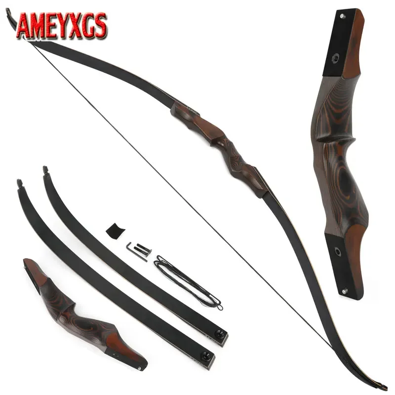 60 Inch Recurve Bow 25-60lbs American Hunting Bow Black Brown Archery Arrow Takedown Bow for Right Hand Shooting Target Pratice