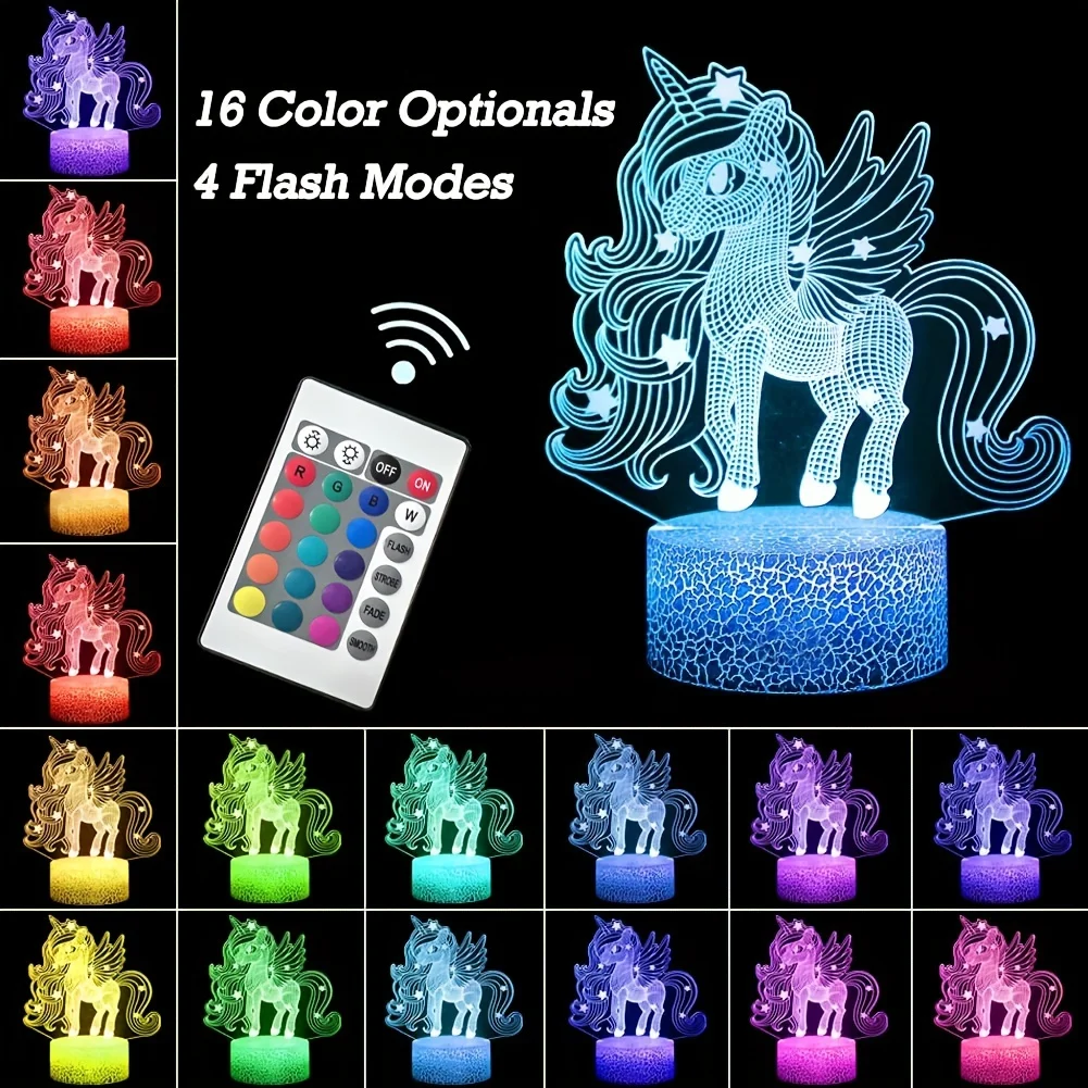 1pc Cute Pony 3D Night Light, 3D Optical Illusion Lamp With Touch & Remote Control, 16-Color Changing Ambient Light For Bedroom