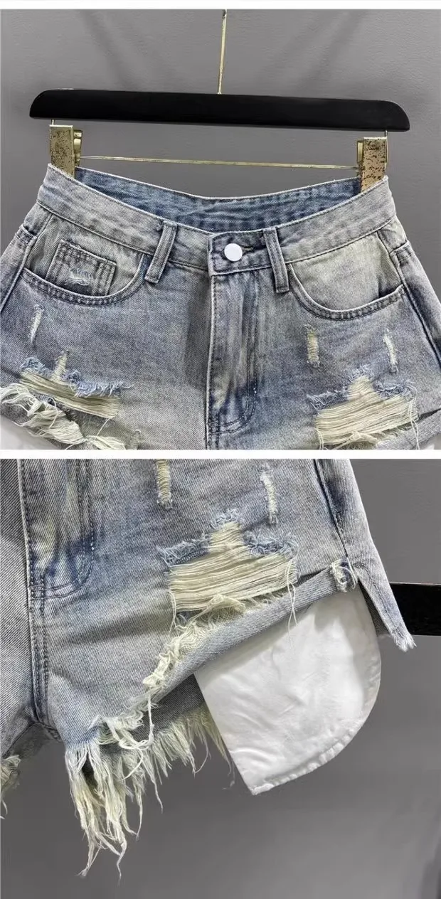 Jeans coreano vintage azul sexy rasgado para mulheres, shorts jeans ultra de cintura alta de patchwork a linha