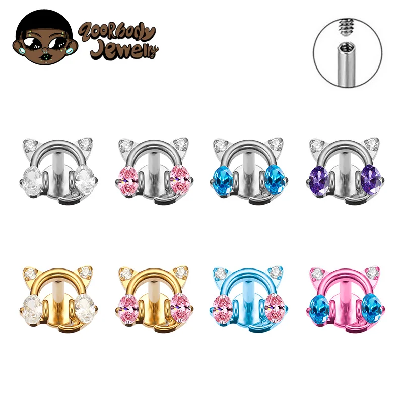 ASTM F136 Titan Katze Kopfhörer Labor Piercing Labret Lip Stud Tragus Ohr Stud Zirkon Knorpel Helix Medusa Monroe Körper Schmuck