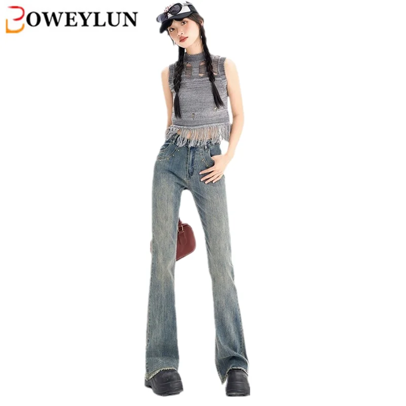 BOWEYLUN High Waist Stretch Micro Flare Jeans Women Spring and Autumn New Slim Denim Full Length Pants Girls