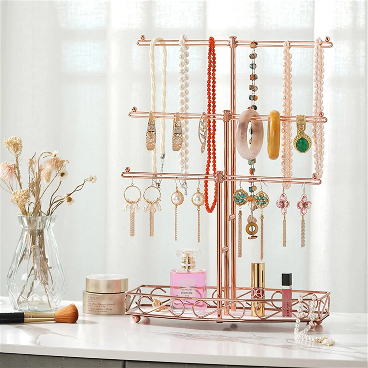 CGS-Black T-Shaped Jewelry Removable 3-Tier Bracelet Storage Rack Earrings Necklaces Rings Jewelry Stand