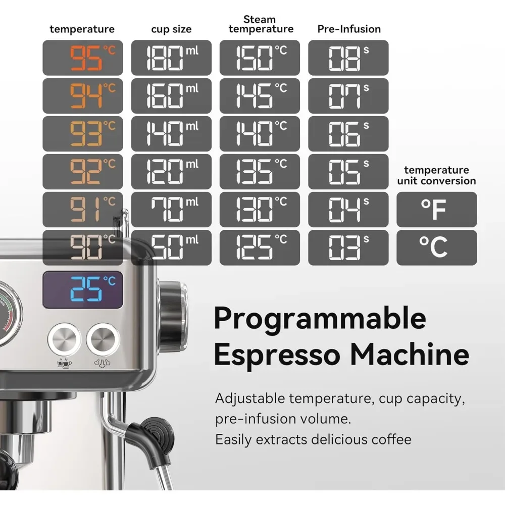 Programmable Espresso Machine, H10A, Brushed Stainless Steel, Adjustable Temperature and Cup Volume, 1.8L Removable Water Tank