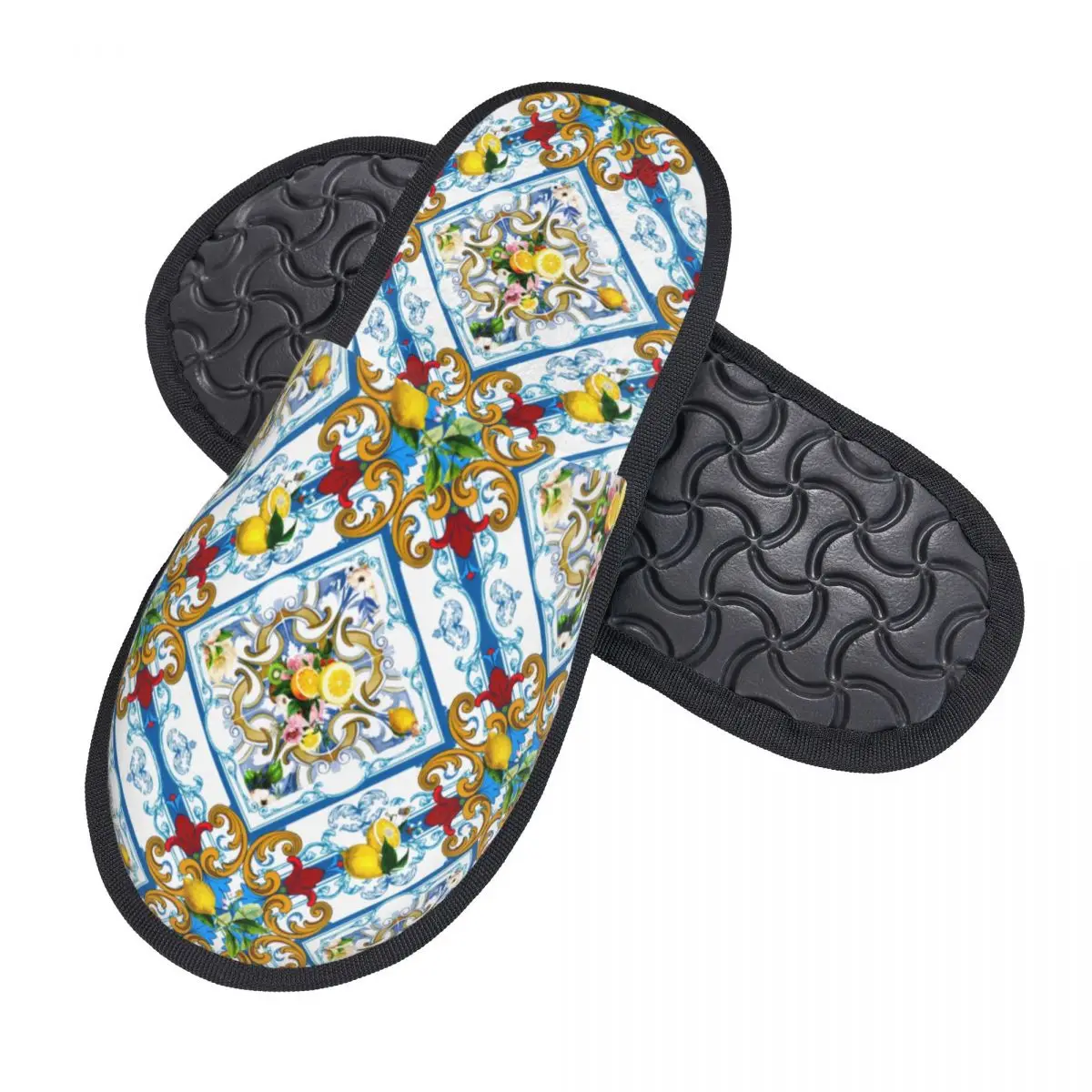 Custom Mediterranean Lemons Citrus Sicilian Tiles Memory Foam Slippers Women Soft Warm House Slippers