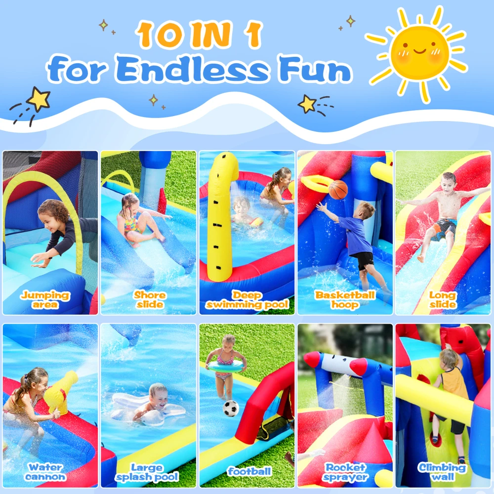 10in1 Mega Water Park Bounce House Scivolo d'acqua Combo Scivolo d'acqua gonfiabile con piscina antispruzzo e parete da arrampicata Divertimento nel cortile dei bambini