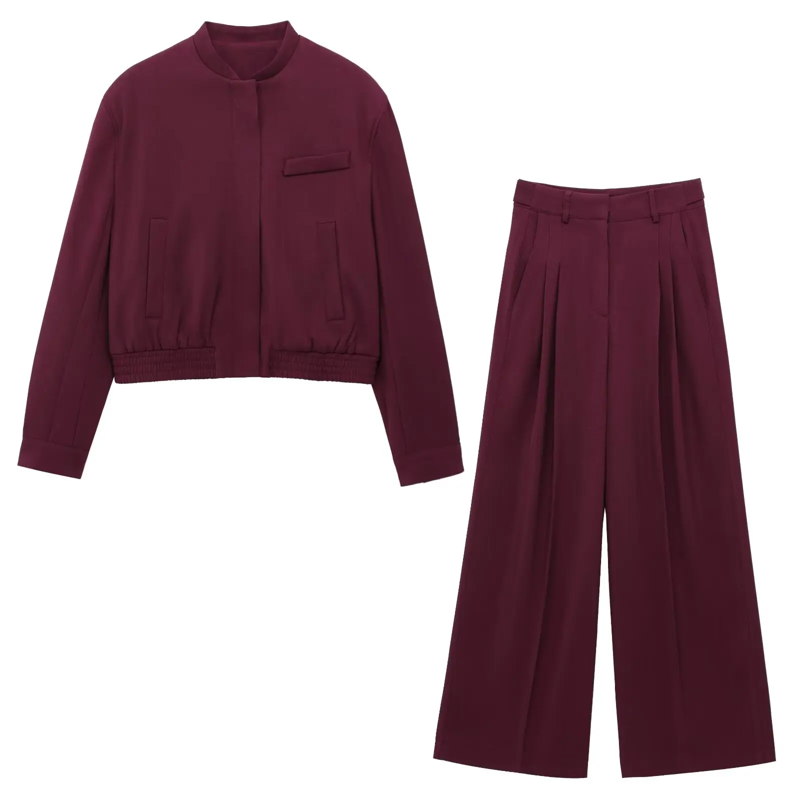 PB&ZA Womens Fashion Set Burgundy Stand Collar Jacket with Pocket and Pleated Wide Leg Pants for Sale on AliExpress