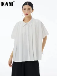 [EAM] Women White Black Pleated Elegant Big Size Blouse New Lapel Short Sleeve Shirt Fashion Tide Spring Summer 2024 1DH6083