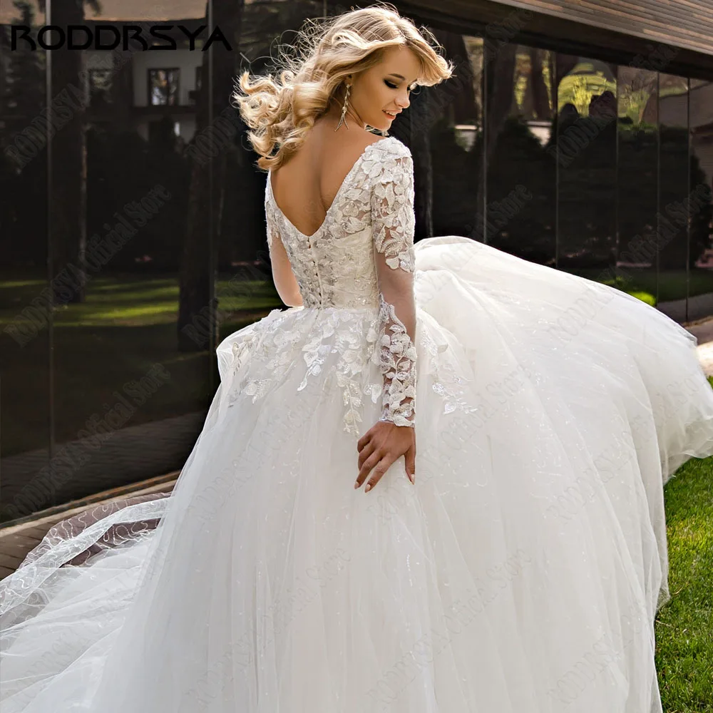 RODDRSYA Lace A-Line Wedding Dress Applique Long Sleeves Civil Sweep Train Vestido Novia Custom Made Civil Bride Dresses