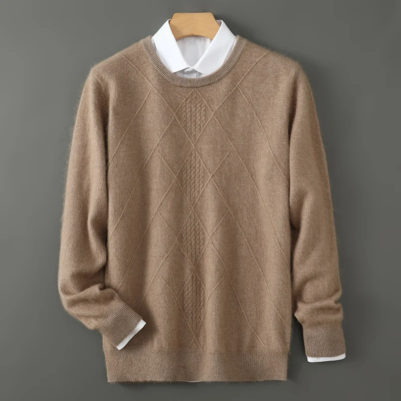 Mink Cashmere Round Neck Sweater for Men Warm Knit Jumper Diamond Shape Business Casual Sweater Medium Thick Autumn Winter