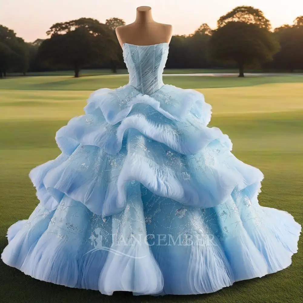 

Блестящее платье Quinceanera, бальное платье со шлейфом, кружевное, без бретелек, с оборками и бисером, многоуровневое, Sweet 16, Vestido De 15 Años по индивидуальному заказу