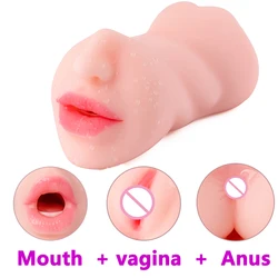 3 IN 1 Male Masturbator Silicone Vagina Real Pussy Open Mouth Teeth Realistic Sex Deep Sex Toys for Men Oral Masturbation Sextoy