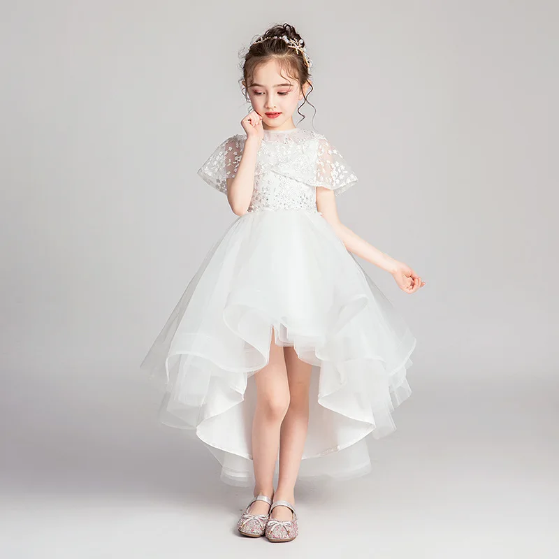 Little Girls Embrdoiery Princess Dress High Low Shawl Tulle Dresses Teen Girls Graduation Party Gown Flower Girls Dress