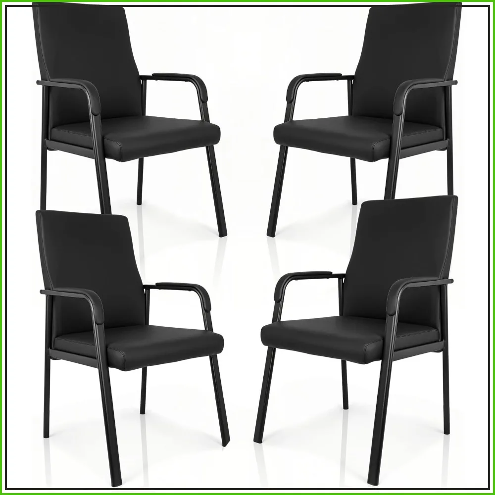 Black Leather Office Guest Chair High Back Conference Chair Padded Armrest No Wheels 600LBS Capacity 4-Pack for Business And Ind