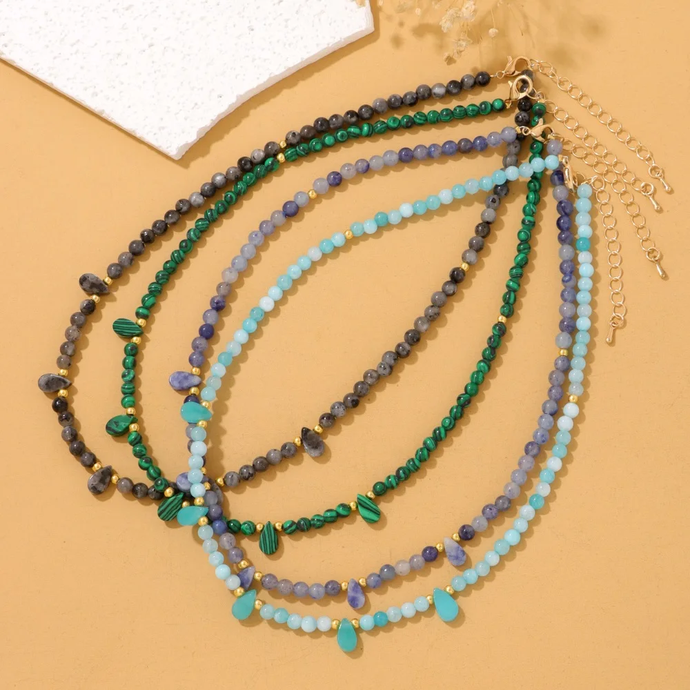 Natural Stone 4mm Round Beads Necklace Water Drop Charm Necklaces For Women Aquamarine Amethysts Labradorite Necklace Jewelry