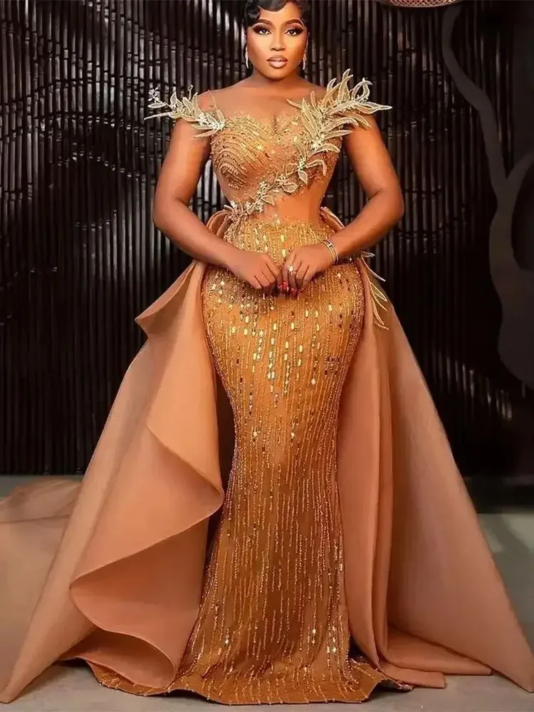 

Luxury Sparkling African Dubai Evening Dress Sleeveless Mermaid Ball Dress Detachable Train Party Dress Customization