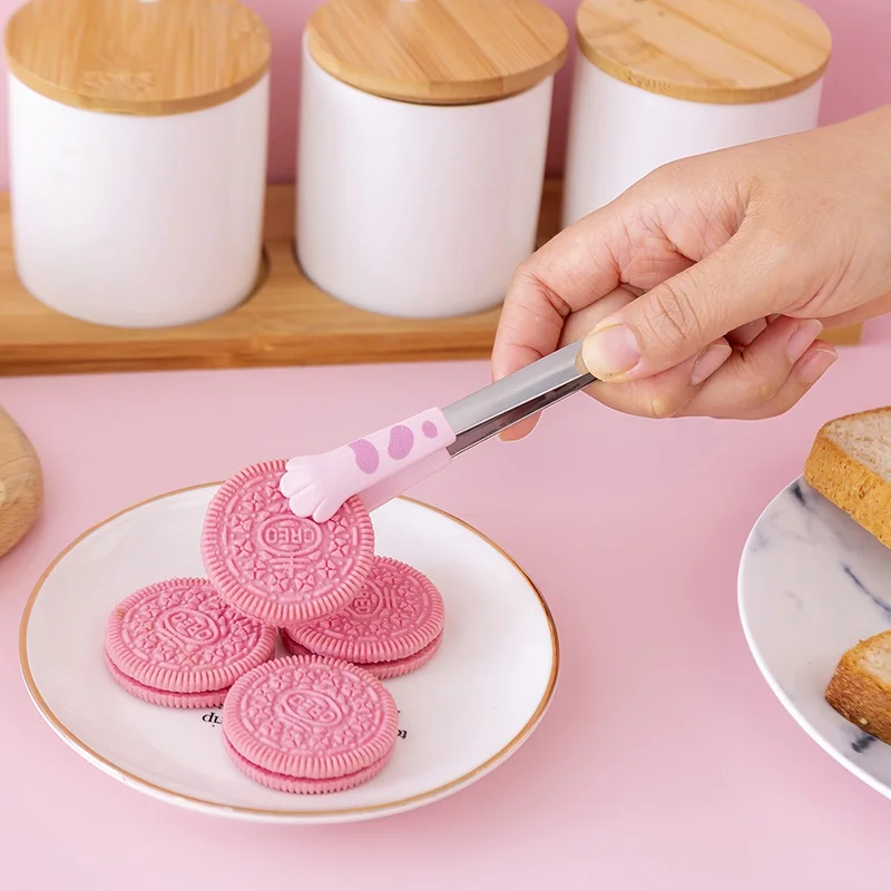 Cute Food Clip Silicone Mini Cat Claw Clip Snack Food Tongs Non-slip Handles BBQ Bread Ice Cube Clip Bread Serving Tong  Kitchen