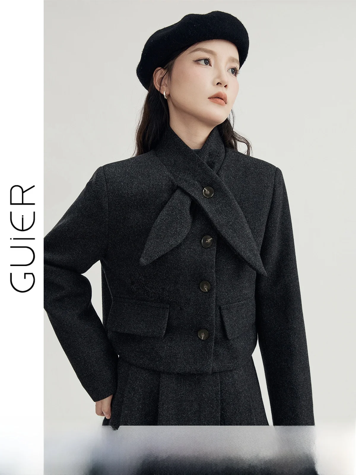 

Guier Women's ort Woolen Coat Cross Collar Slim Fit Winter Faion Design Loose pe Long Sve Pure Color Button up Jaet