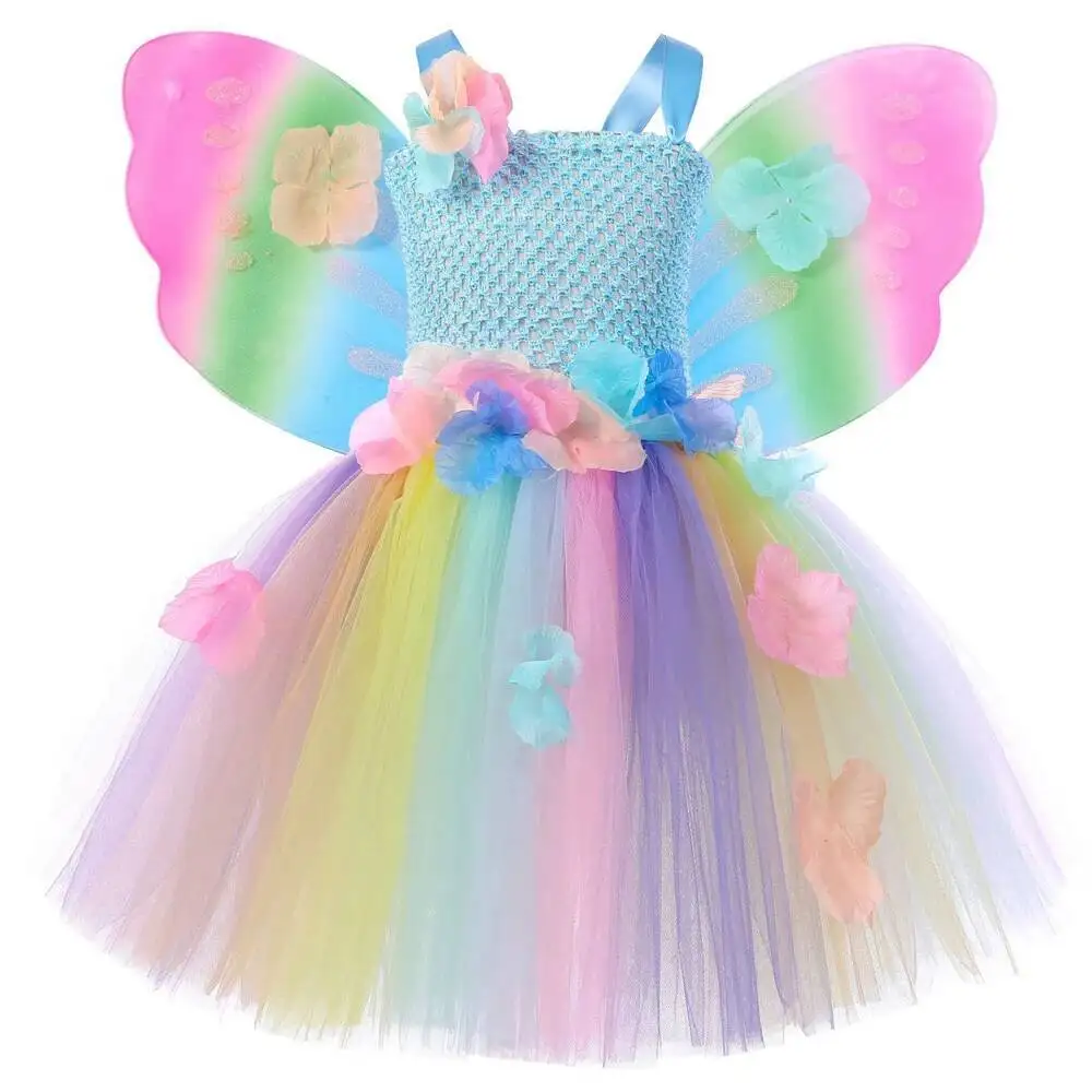 

Girls Pastel Flower Fairy Princess Dresses with Butterfly Wings Kids Carnival Party Fancy Costume Children Birthday Ballet Tutus