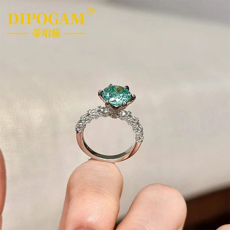 DIPOGAM S925 Pure Silver Paraiba Green Mint Wave Ring Light Luxury Fashion Inlaid Green Diamond Wedding Ring Women's Ring