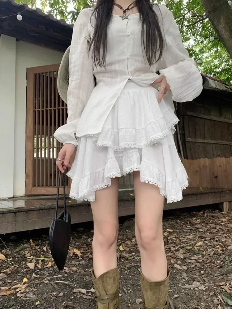 Elastic Waist White Black Irregular Mini Kawaii Skirt Japanese Style School Y2k Aesthetic Ruffles Short Skirt Women Streetwear