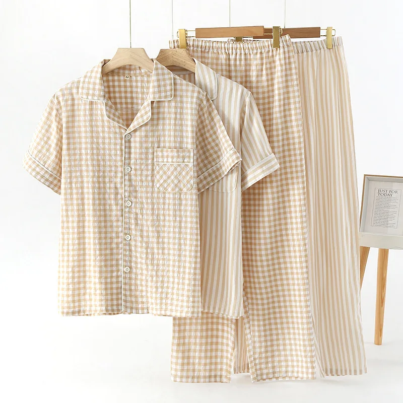 

Summer Plaid Men's Seersucker Short-sleeved Trousers Pajama Set Thin Striped Loose Casual Lapel Loungewear Loose Mens Pajamas