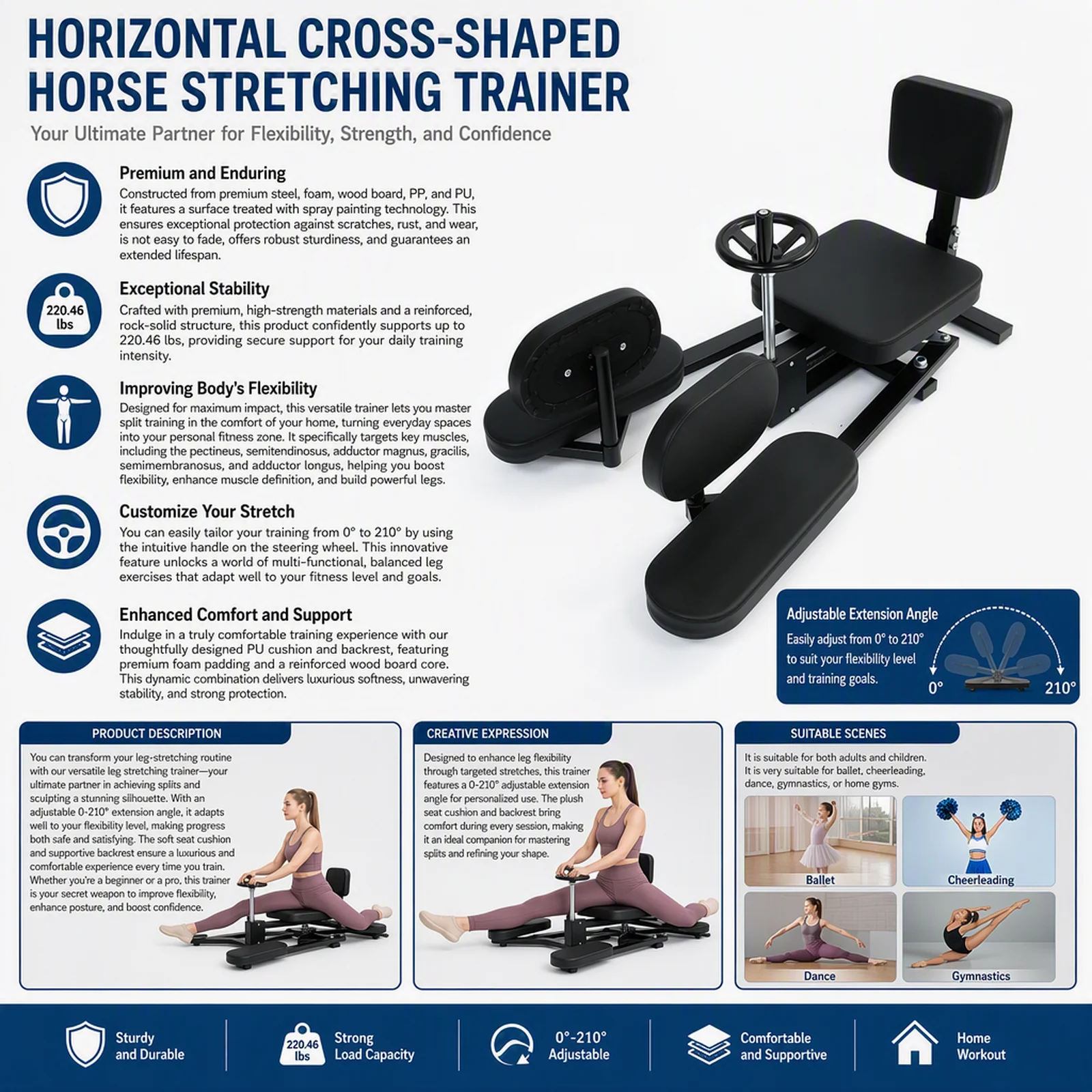 Leg Stretcher Machine 0-210° Adjustable Splits Trainer, Heavy Duty Steel Frame Supports 220.46lbs, Leg Stretching Fitness Equipment for Dance Gymnastics Ballet Home Gym