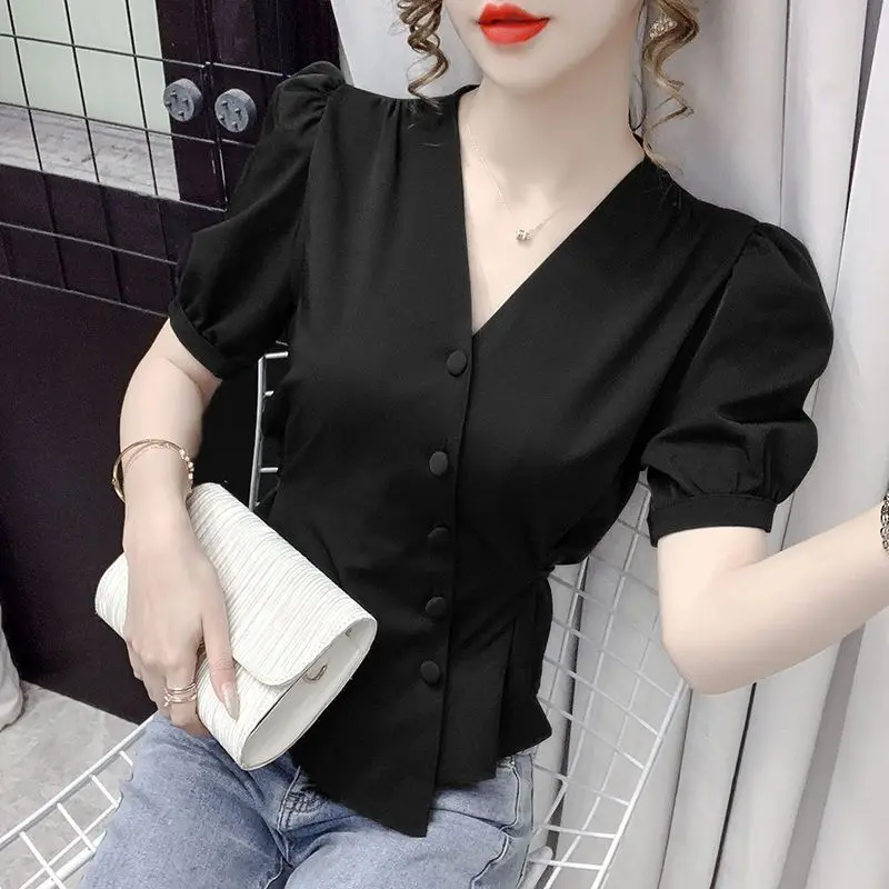 Fashion Commute Summer New Irregular Chiffon Blouses Women\'s Solid Spliced Waist Retraction Button Short Sleeve V-neck Shirts