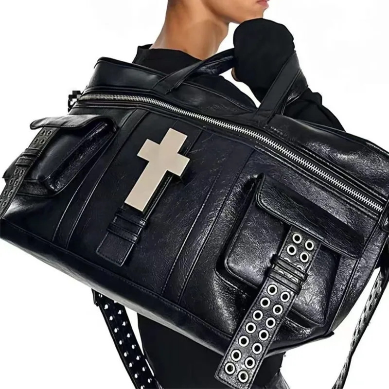 Gothic Tote Bag Unisex Punk Black Cracked Leather Metal Cross Large Capacity Shoulder Crossbody Handbag For Daily Commute Travel