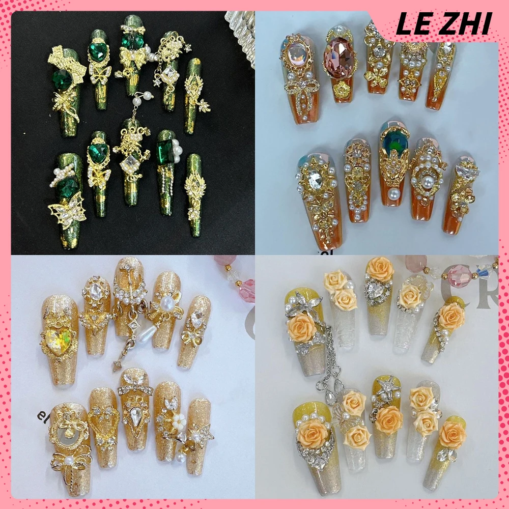 

10Pcs Luxury Sparkly 3D Rhinestone Handmade Long Stiletto Press On Nails Metal Flower Bow Pearl Wearable Full Cover Nails Gift