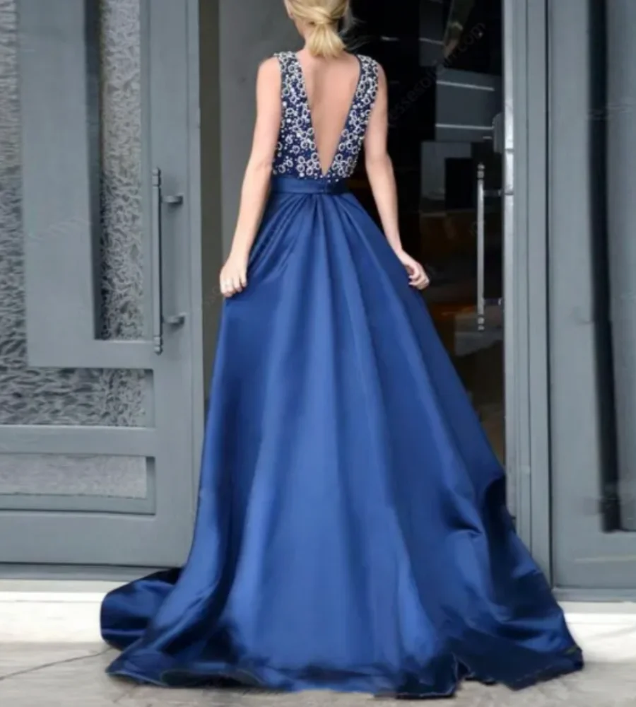 Vestido de graduación azul con manchas, elegante, largo hasta el suelo, sin mangas, 2023, Espalda descubierta, lentejuelas, cuentas de cristal, Formal, para fiesta