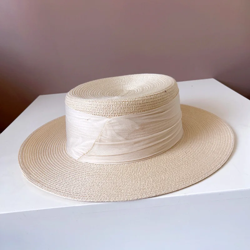 European American Retro Ribbon Wide Brim Hats For Women Elegant Flat Top Fashion Beach Cap Quality Wedding Sombrero Mujer Playa
