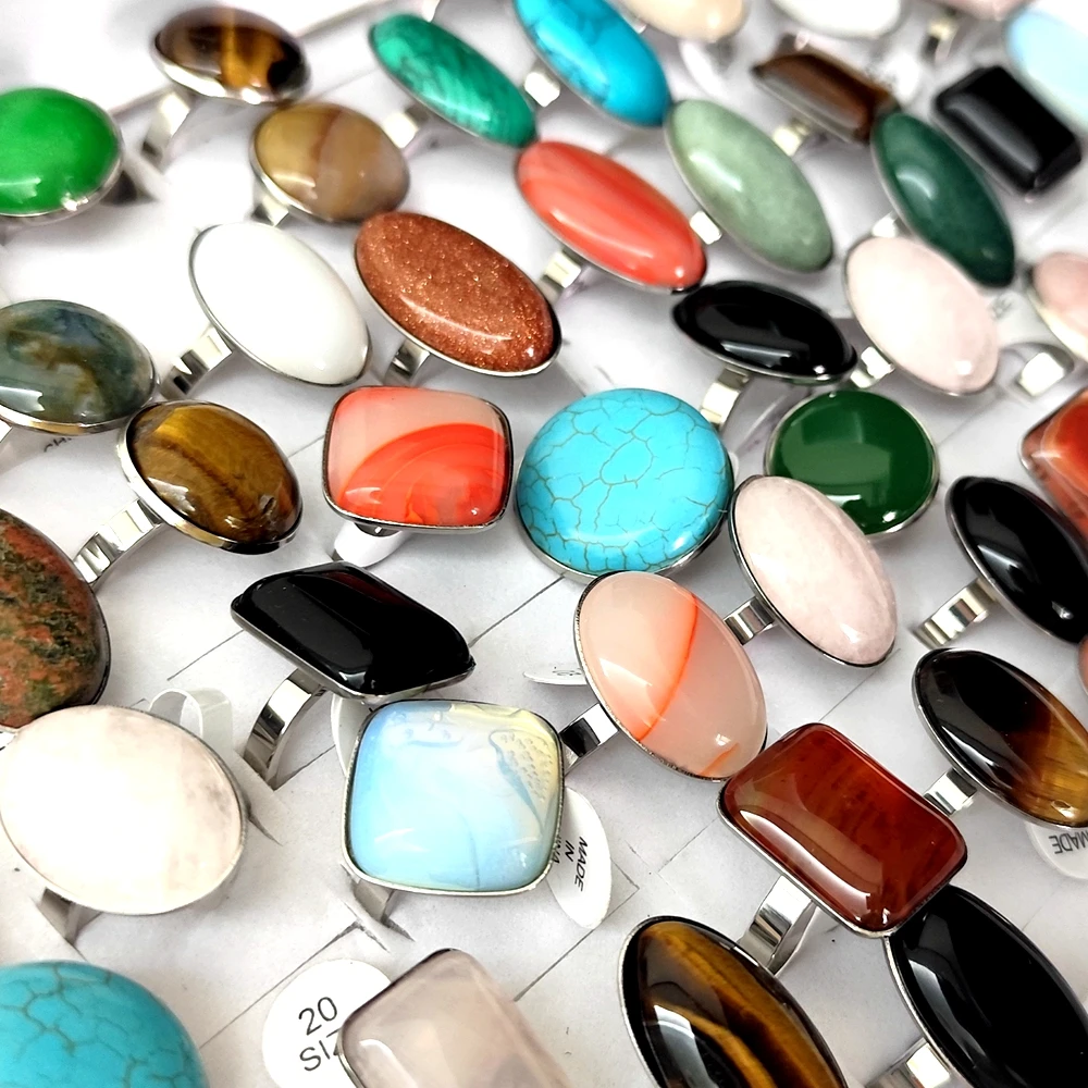 20 Stück/Los Großhandel Gemischte 316L Edelstahl Ringe mit Großen Natursteinen, Ovale und Quadratische Opal-Cabochon-Ringe, Party-Schmuck – Detail 5