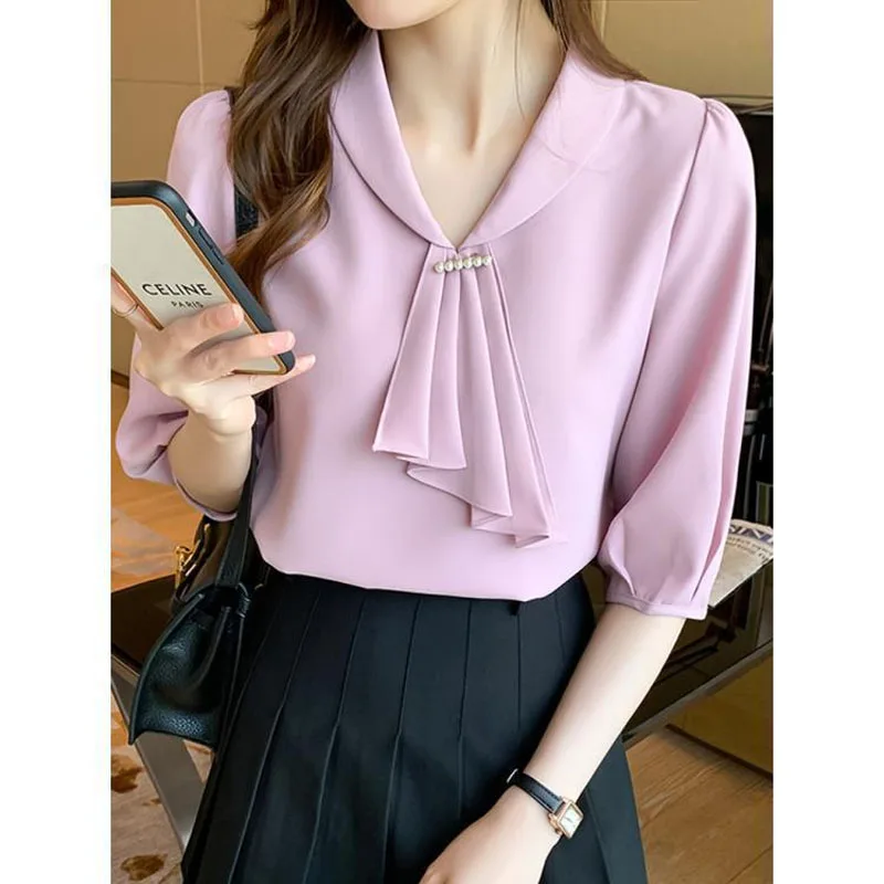 Women\'s Clothing Chic V-Neck Spliced Fashion Chiffon Shirt Summer New Commute Office Lady Korean Beading Solid Color Blouses