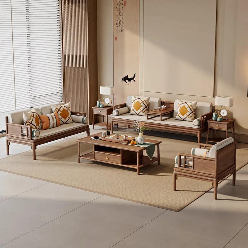 

LTT solid wood removable and washable fabric new Chinese sofa black walnut Song Dynasty paint-free living room furniture