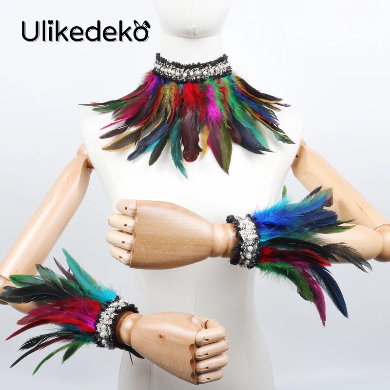 Gothic Feather Fake Collar Feather Wrist Cuffs Rave Party Gloves Necklace Victorian Choker Collar Stage Masquerade Cosplay Props