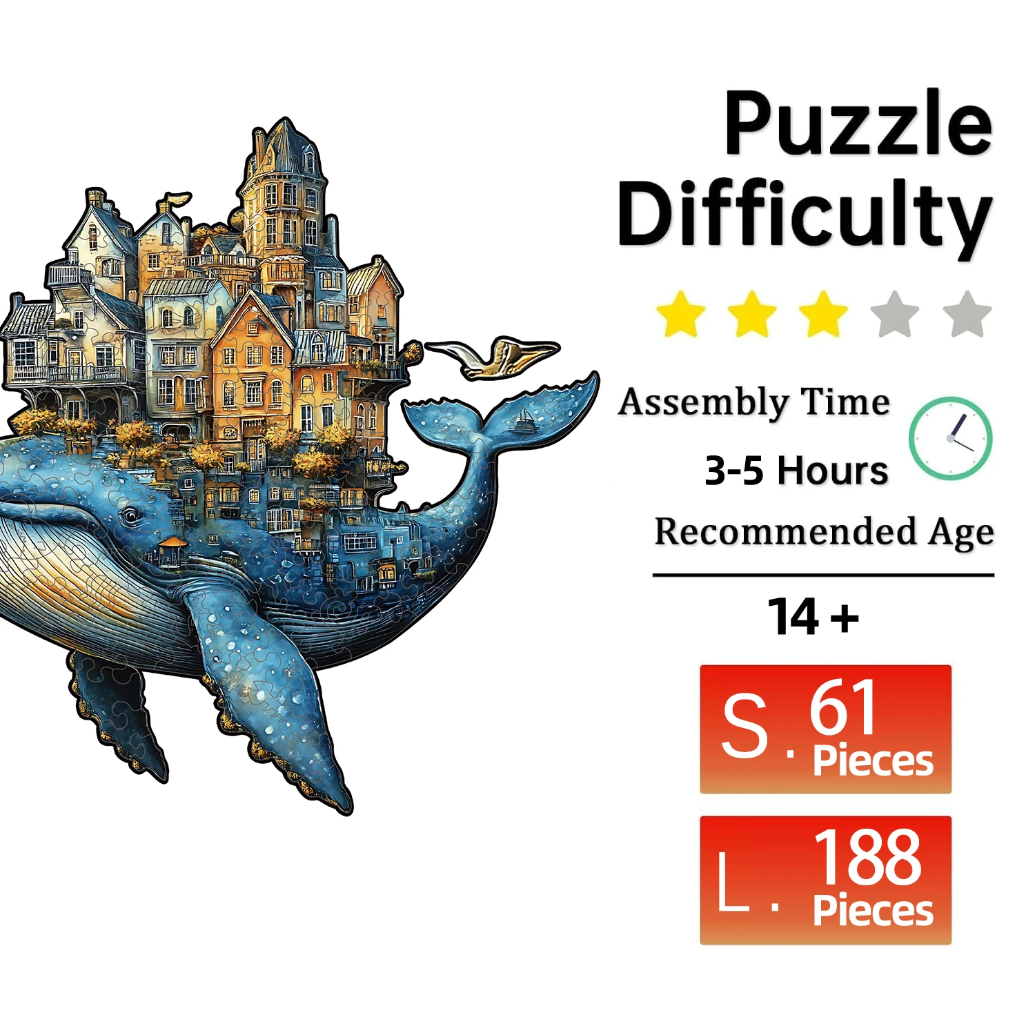 Wooden Puzzle for Adults -Whale Castle Puzzle, Unique Shape Wooden Jigsaw Puzzles, Modern Art Home Decor, Good Gift Idea