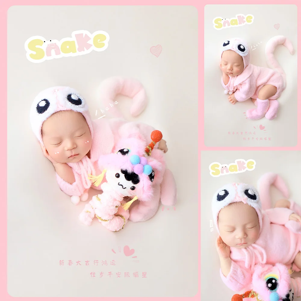 Newborn Photography Clothes Knitted Long-Sleeved Jumpsuit+Tail+Hat Set Twist Stick Snake Doll Cute Snake Year Themed Photo Props