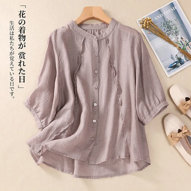 Women Casual Cotton Shirt New 2024 Summer Vintage Style Stand Collar Solid Color Loose Female Half Sleeve Tops Shirts B3724