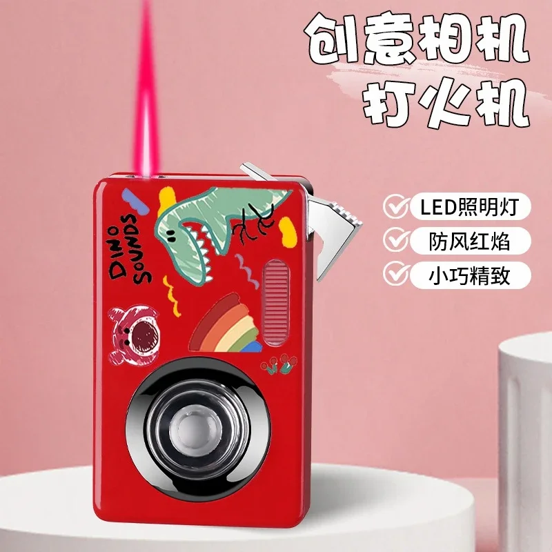 New Cute Pink Flame Windproof Refillable Butane Gas Hello Kitty Lighter Kuromi Sanrio Creative Camera Shaped Lighters Flashlight
