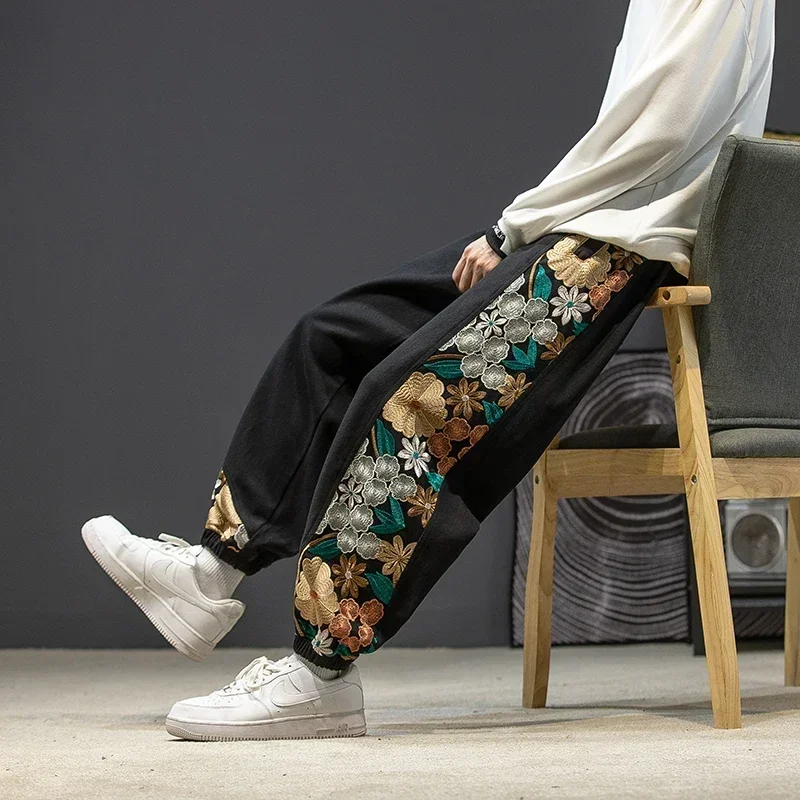 Fashion Casual Pants Men\'s Clothing Cotton Japanese Samurai Embroidery Patchwork Harem Trousers Oversized Harajuku Joggers Male