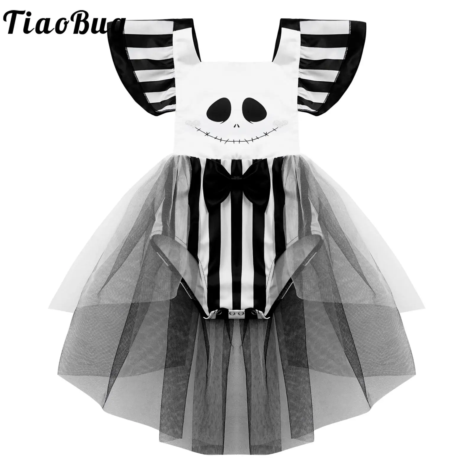 

Infant Baby Girls Ghost Costume Halloween Party Cosplay Dress Flutter Sleeves Skull Face Printed Mesh Romper Dresses Leotard